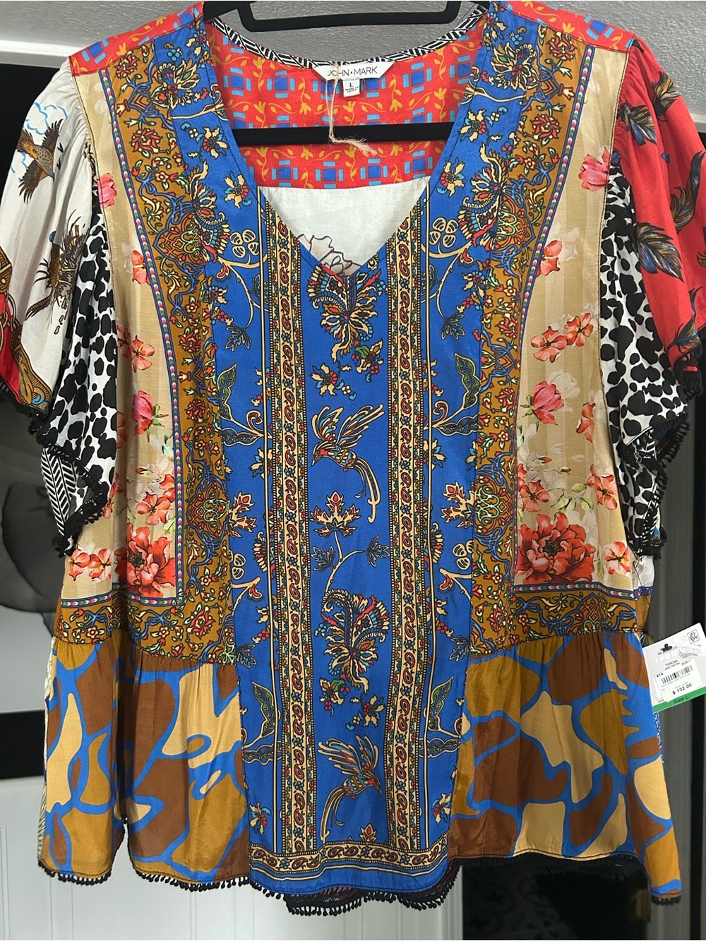 NWT Gorgeous John Mark Multi-Print V-Neck Tunic in Blue, Tan & Red